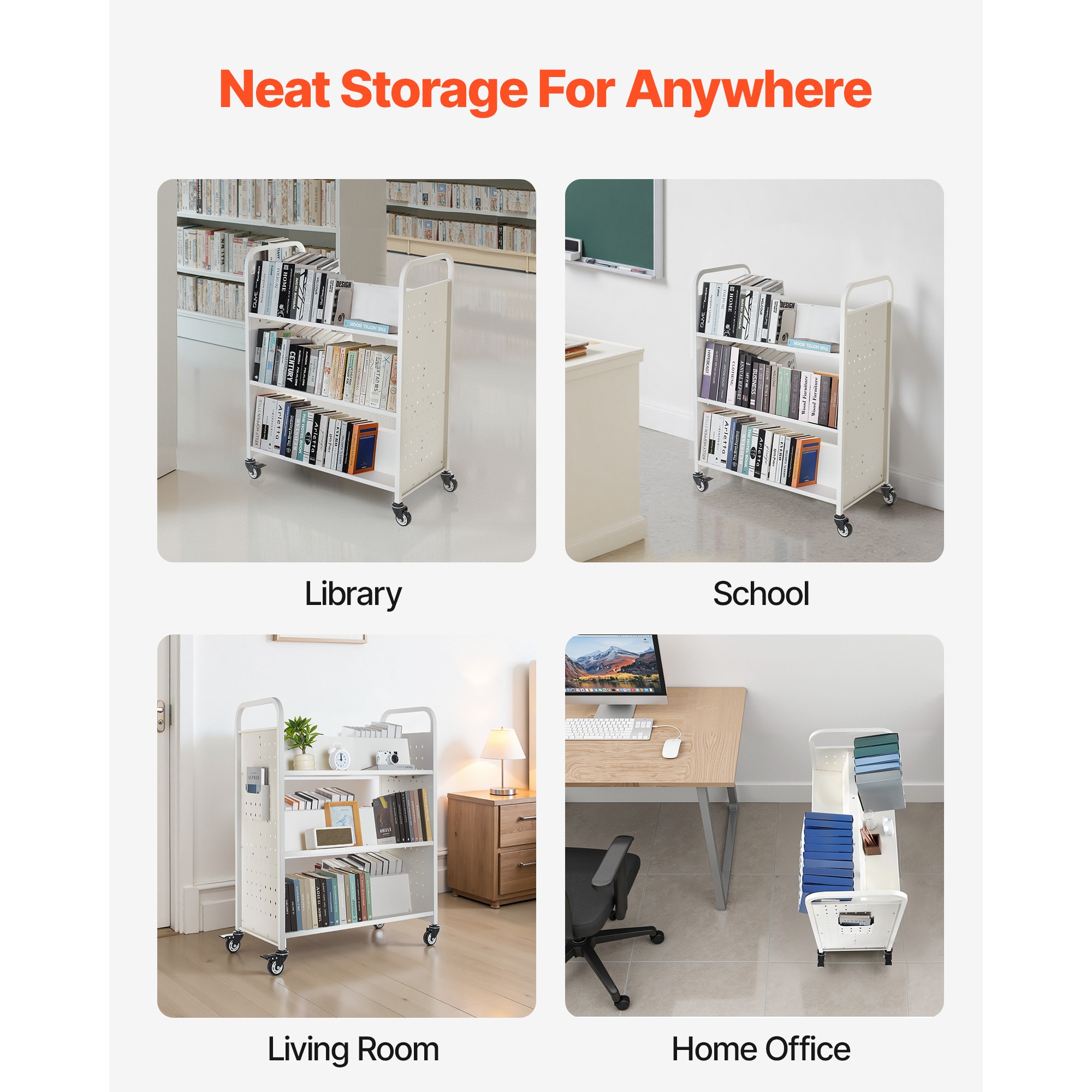 3-tier Rolling Book Cart Double Sided W-shaped Shelving Unit White_voghion.com
